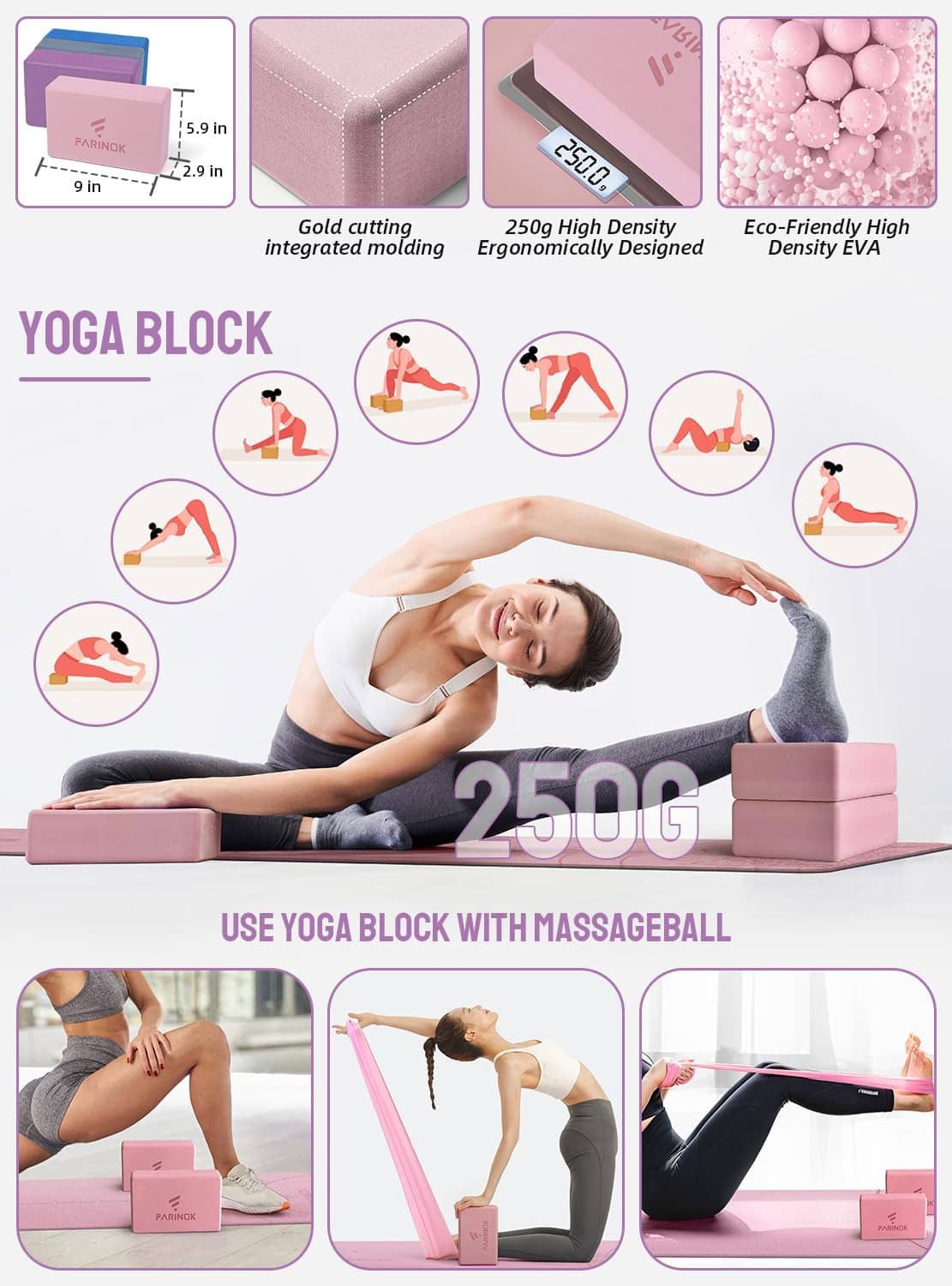 Pink yoga mat with yoga block and massage ball for guided stretching workouts