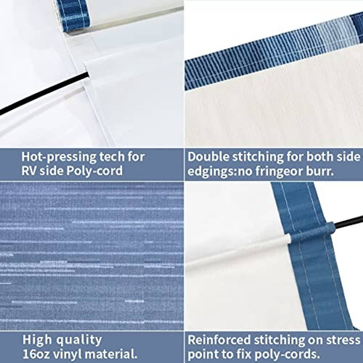 Blue and white vinyl awning fabric with reinforced double-stitched edging detail