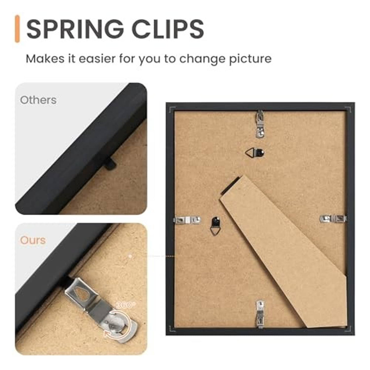 Black picture frame with cork backing and spring clips for easy photo changes
