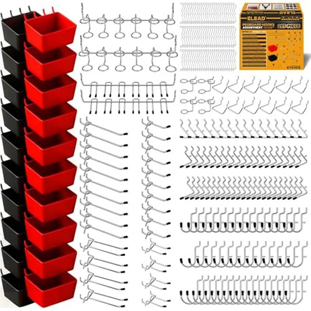 Pegboard hook kit with stacked black-and-red organizers and assorted metal hooks
