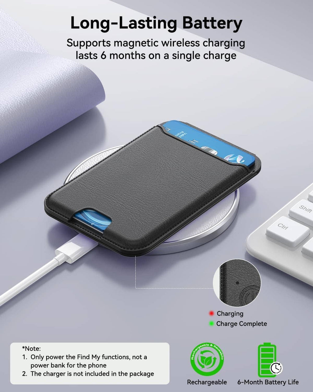 Black MagSafe wallet on a wireless charging pad with built-in rechargeable battery