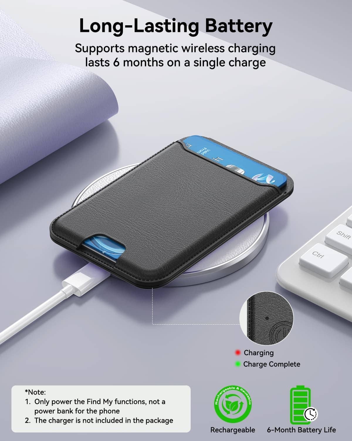 Black MagSafe wallet on a wireless charging pad with built-in rechargeable battery