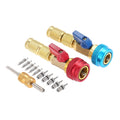 R134A valve core quick remover kit with red and blue couplers and brass fittings