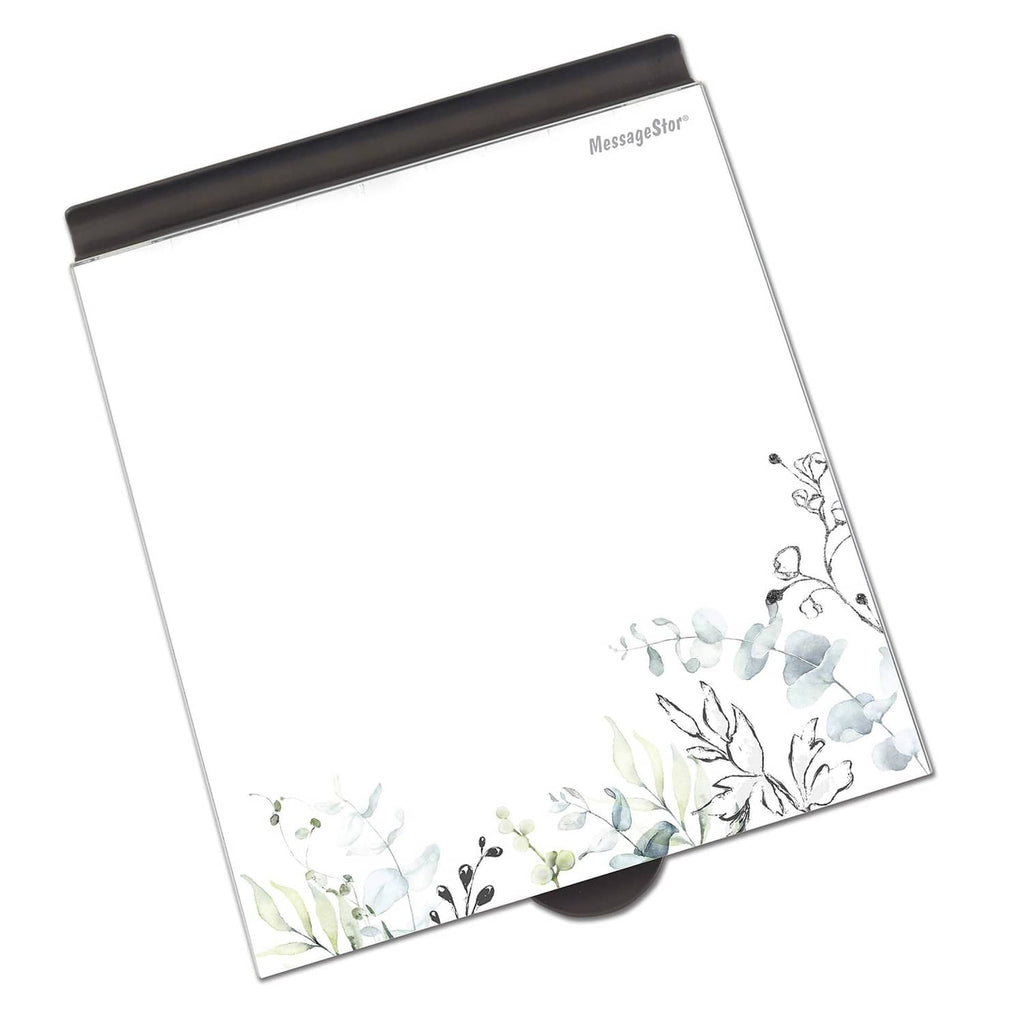 Botanical dry-erase glass memo board, black back rail and floral corner design