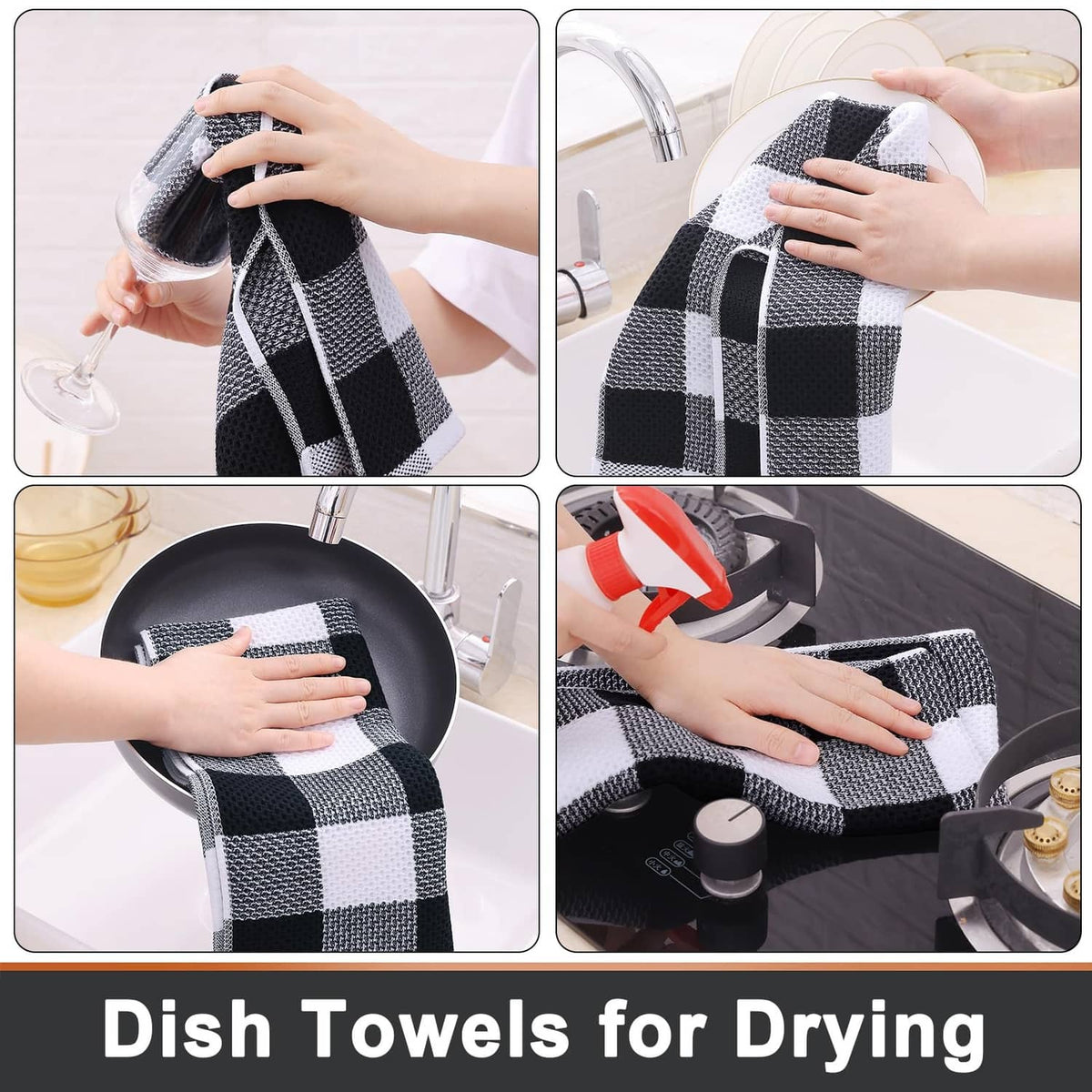 Black and white check kitchen towel bundle being used for drying dishes