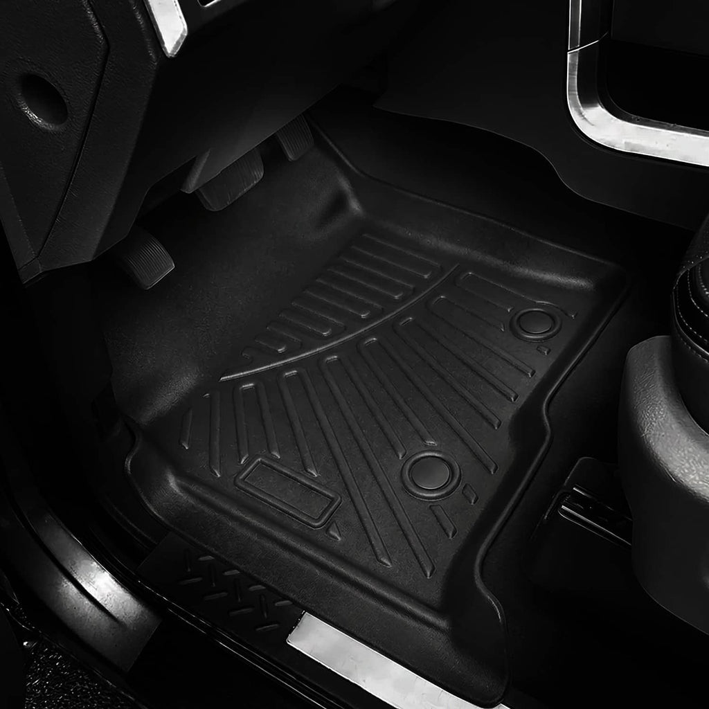 Black molded floor mat with deep grooves, ridges, and raised side borders.