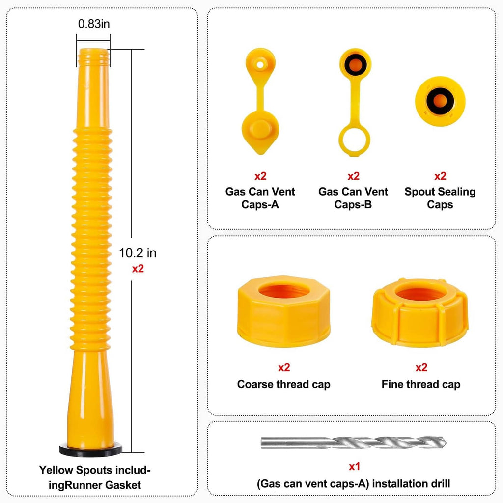 Yellow gas can vent caps, spout sealing caps, and 10.2 in spouts with drill included
