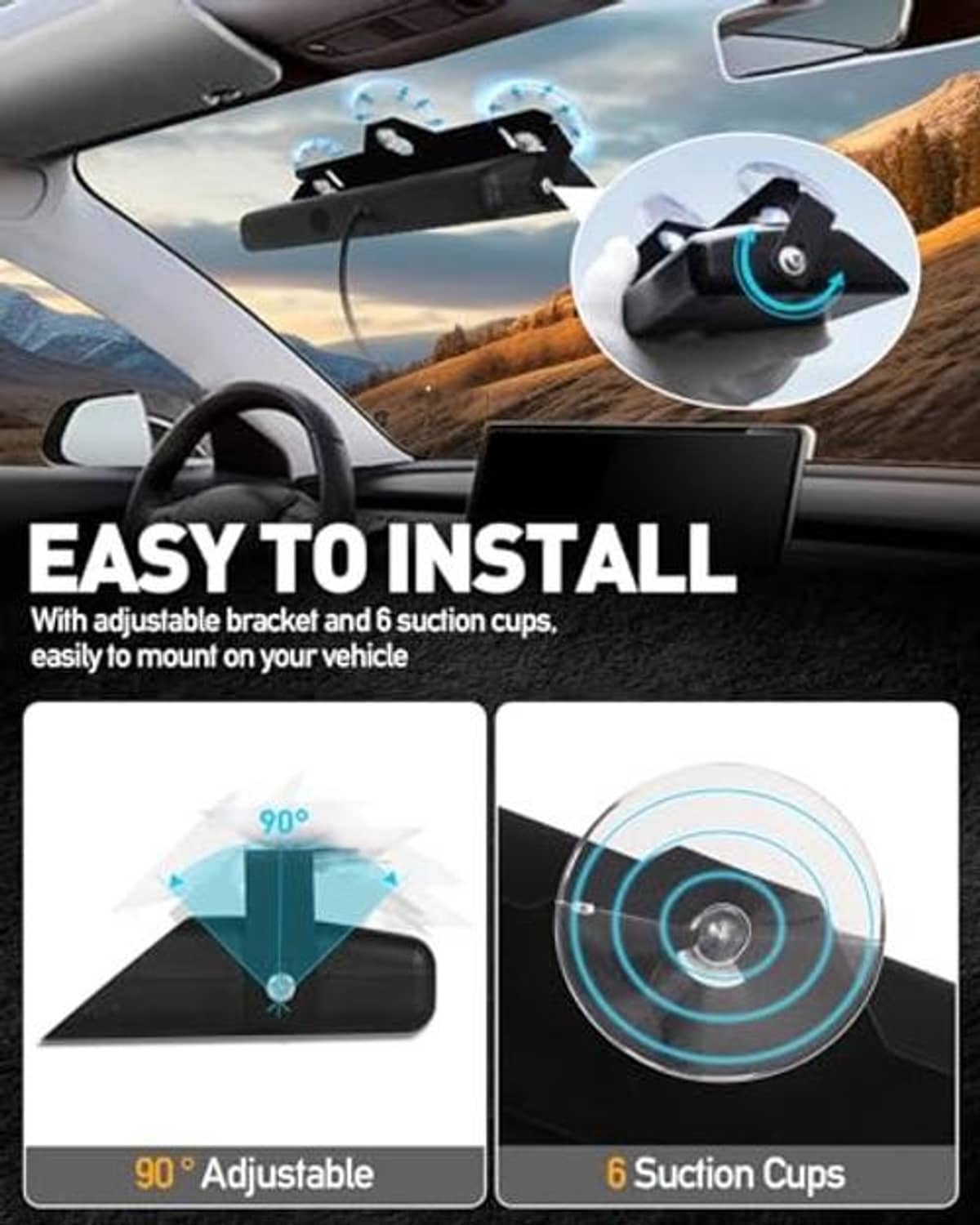 Easy-install suction mount and bracket for amber/white LED strobe light bar