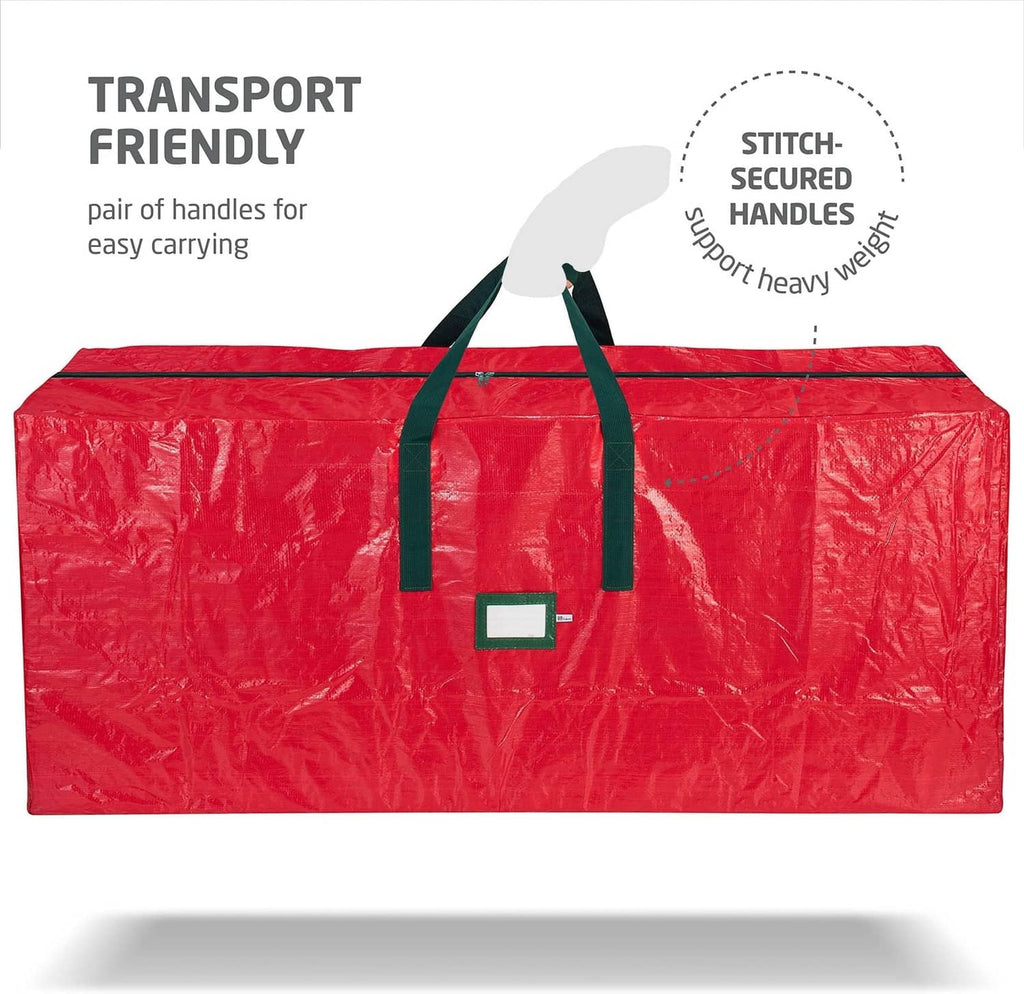 Red tree storage bag with stitched-secure green handles and front carry straps.