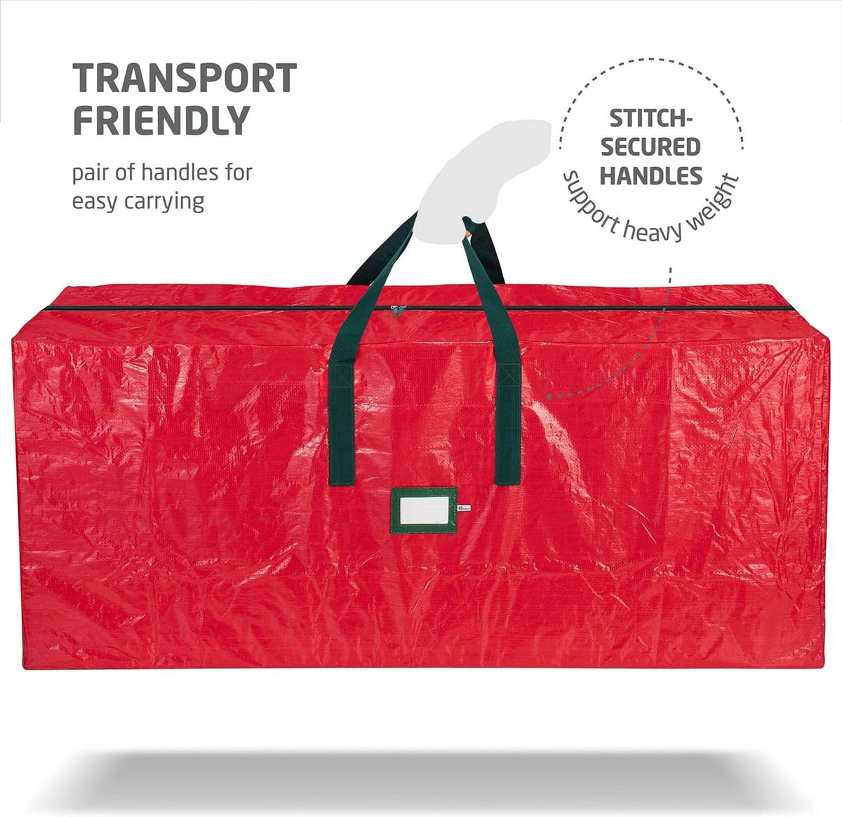 Red tree storage bag with stitched-secure green handles and front carry straps.