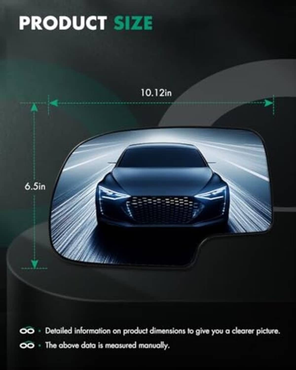 Driver side mirror glass with size diagram, showing 10.12 in width and 6.5 in height.