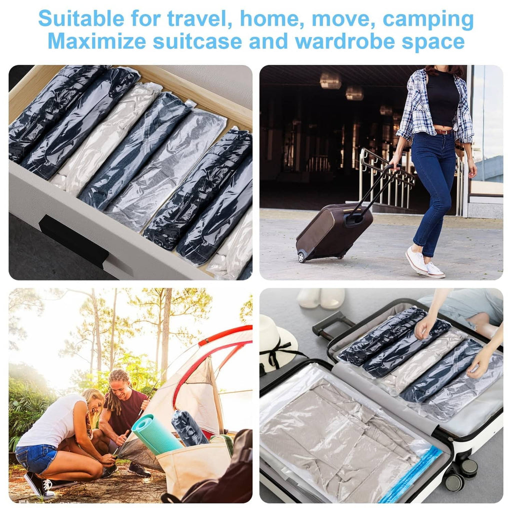 Gray compression bags with folded clothing, organized for travel and home storage