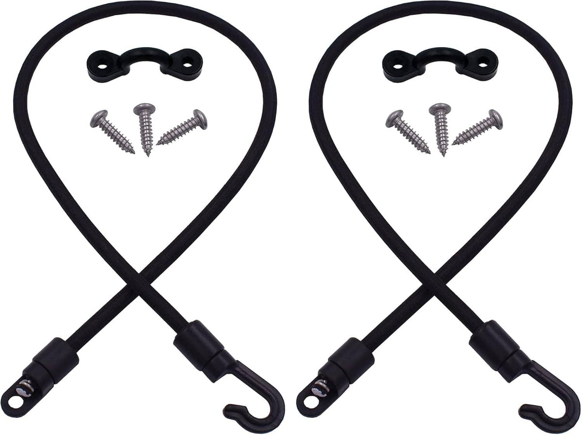 Two black rod strap ties with mounting plates and screws