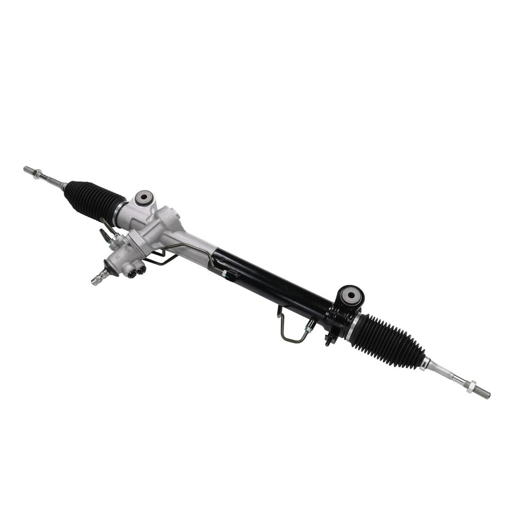 Power steering rack and pinion assembly, silver housing with black bellows and tie-rod ends