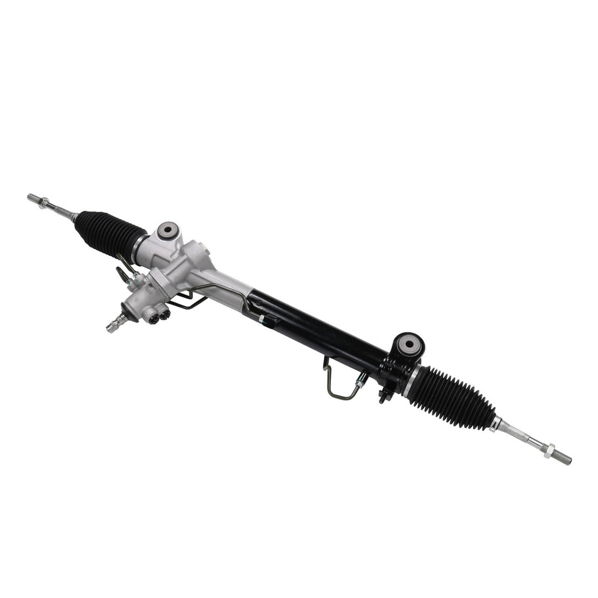 Power steering rack and pinion assembly, silver housing with black bellows and tie-rod ends