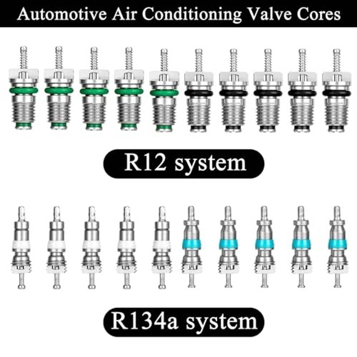 Automotive valve core set for R12 and R134a systems with green-seal cores