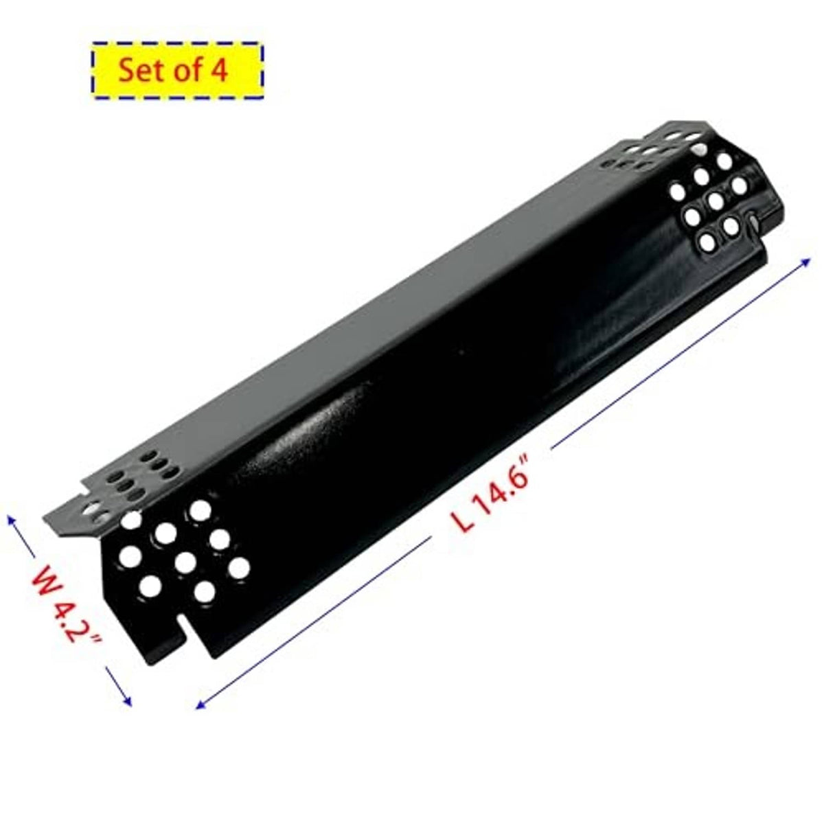 Single black grill heat plate, 14.6 in long, with perforated end brackets and round burner holes