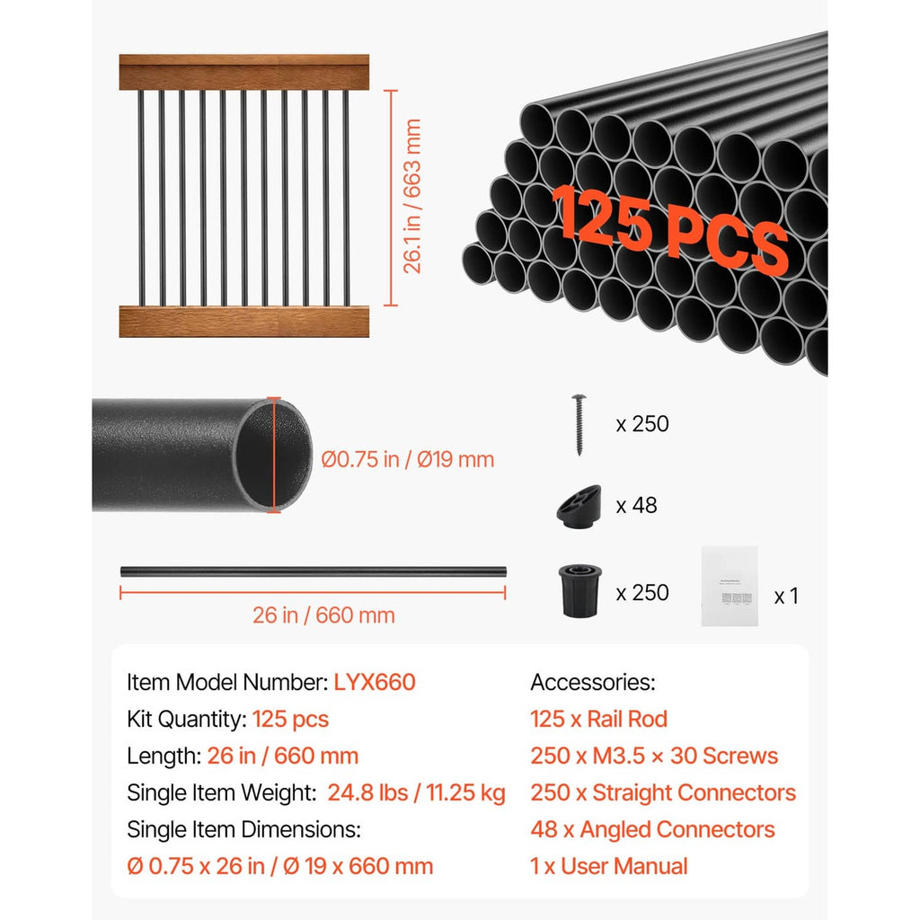Black round aluminum deck baluster spindle kit, shown with connectors and screws.