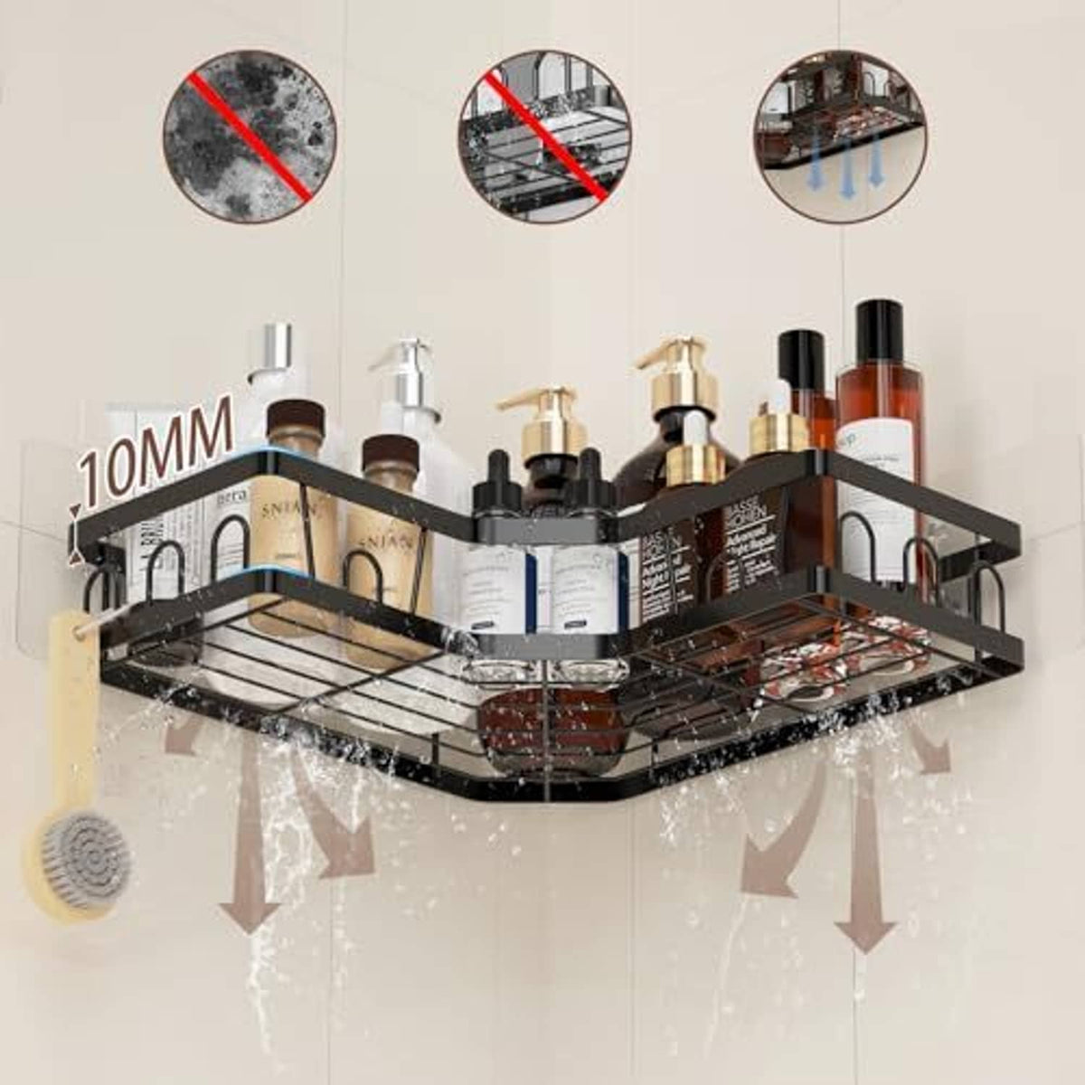 Corner shower caddy with two black shelves and hooks, water-splash resistance