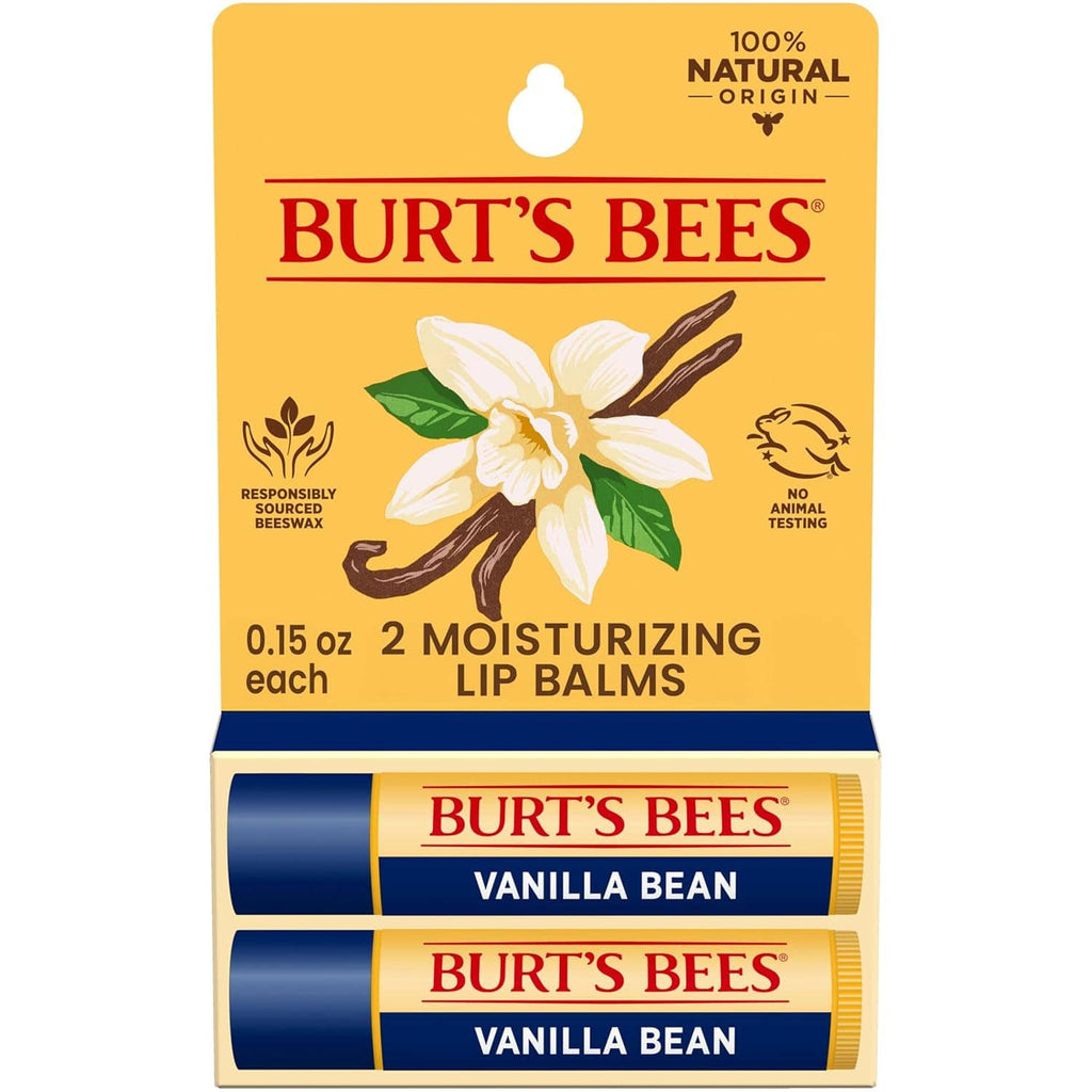 Vanilla bean moisturizing lip balm set in Burt's Bees box with two balm sticks