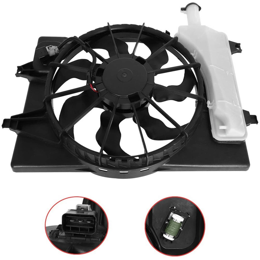 Radiator cooling fan assembly, front view with black shroud, white reservoir, wiring ports