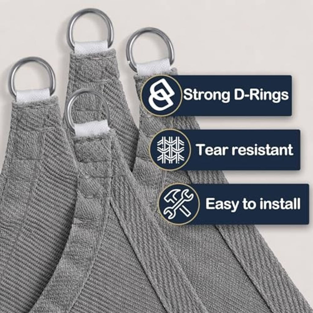 Gray shade sail with reinforced D-rings and tear-resistant stitching