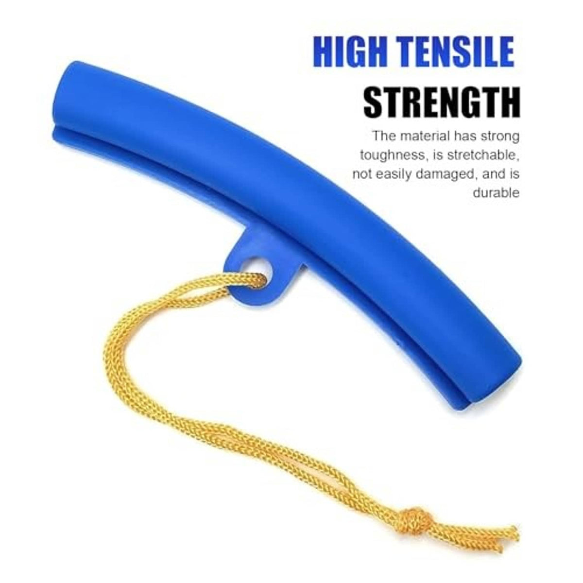 Blue arc-shaped tire rim protector sleeve with gold rope lanyard and loop