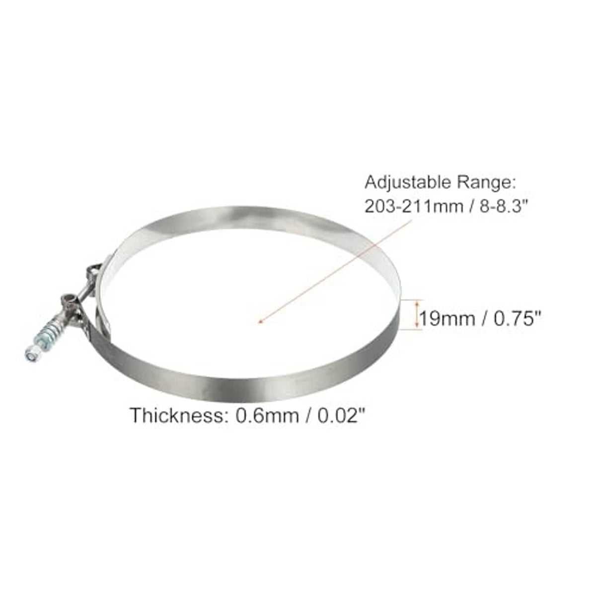 Stainless steel T-bolt hose clamp showing size dimensions and screw head details