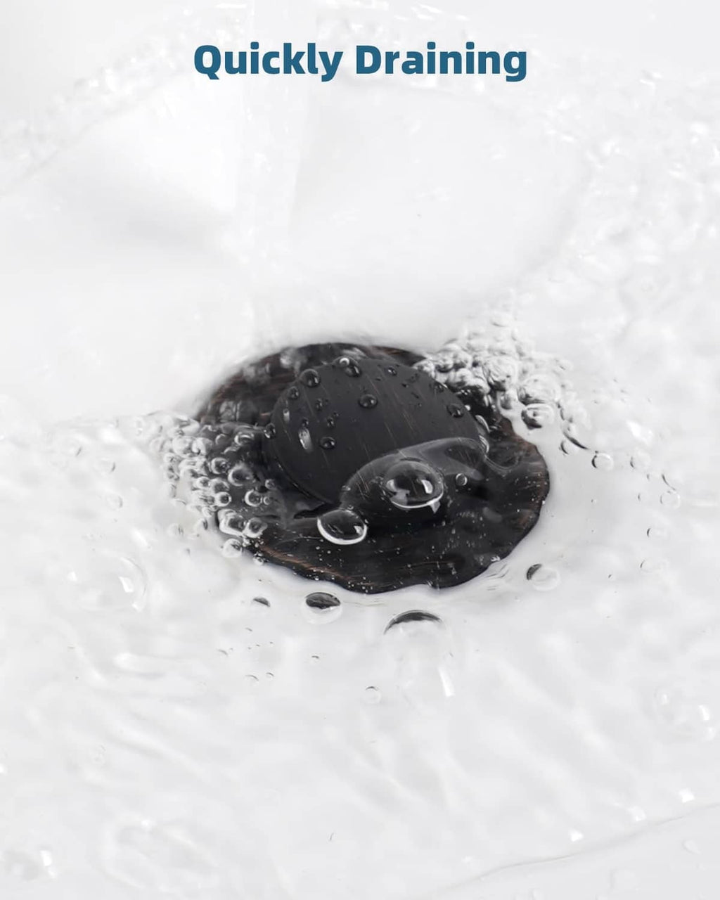 Bathroom sink drain stopper, dark cap over water with draining view