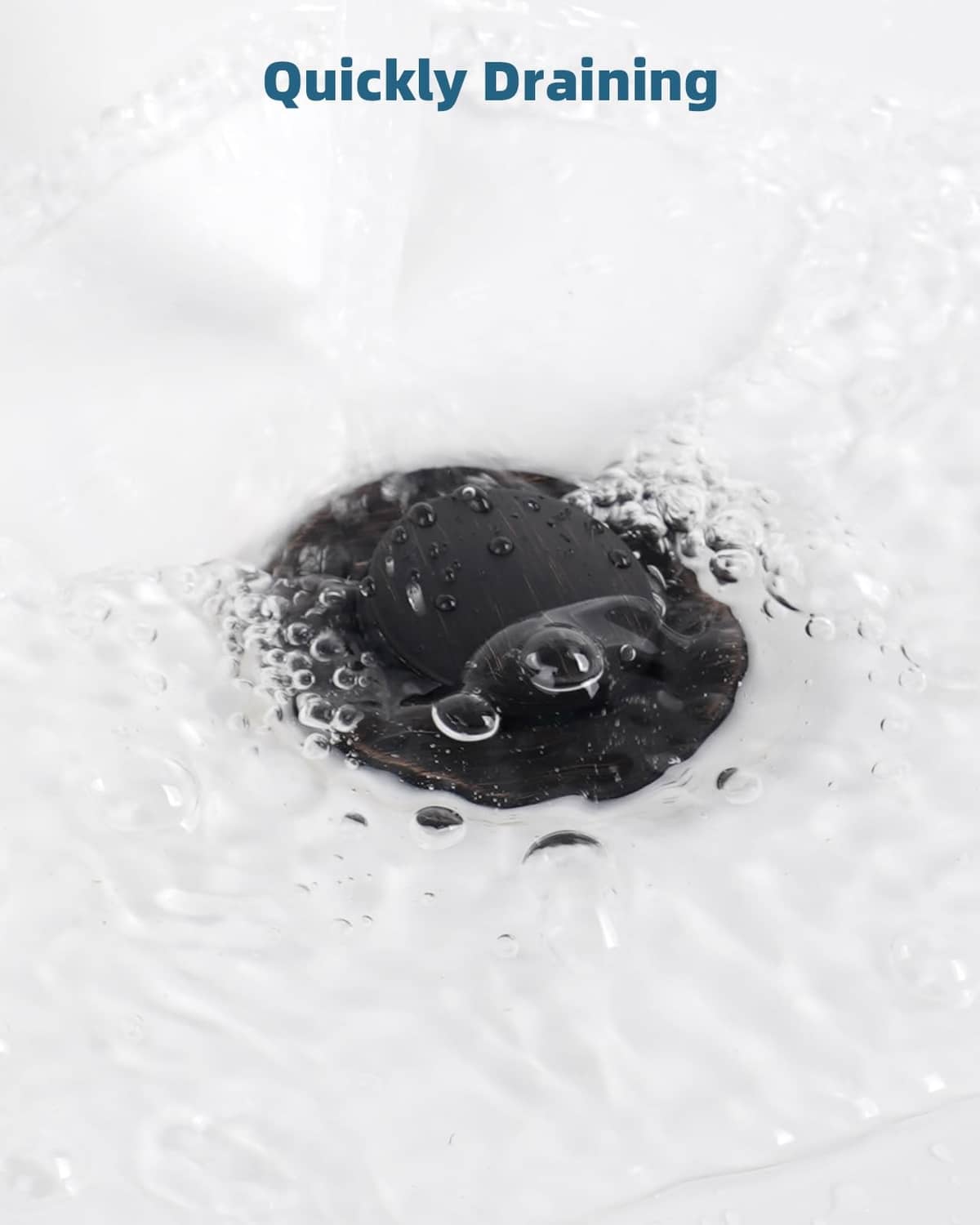 Bathroom sink drain stopper, dark cap over water with draining view