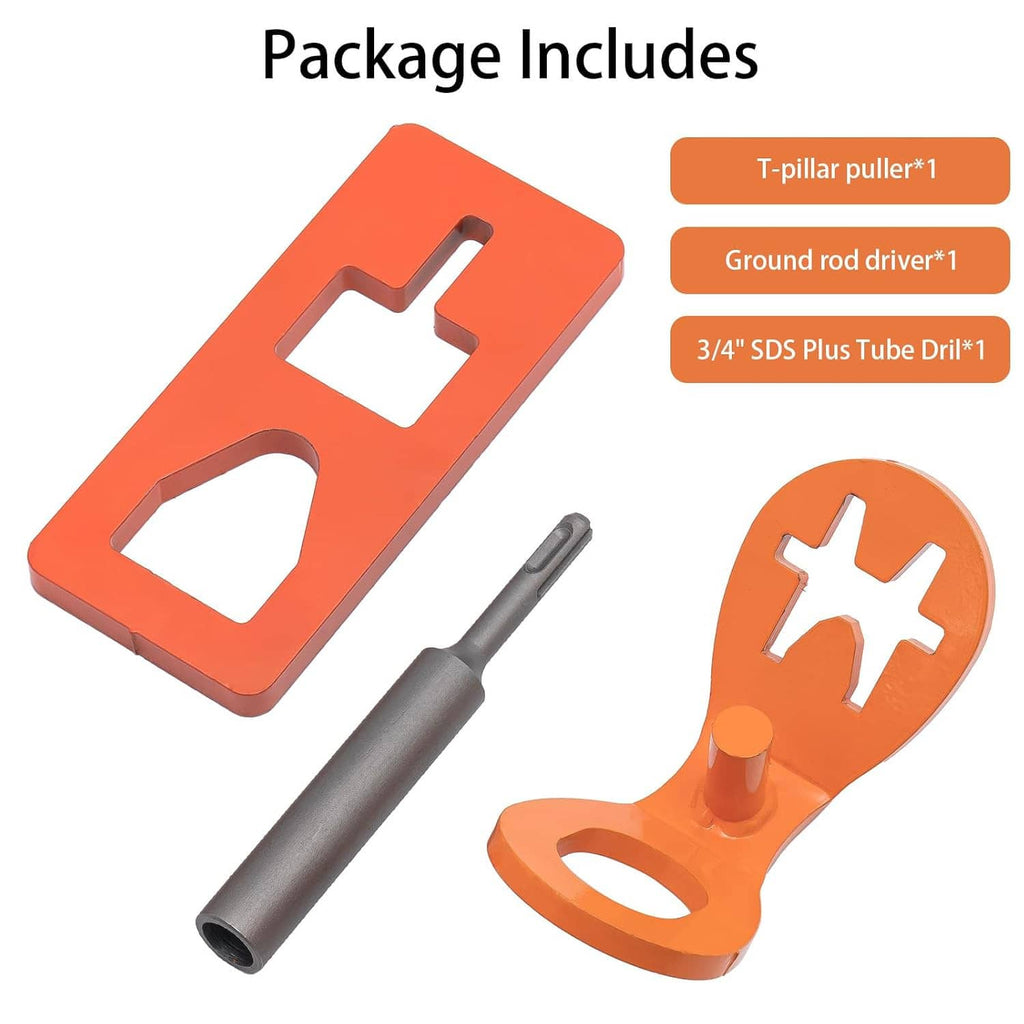 Tool set: orange puller plate, orange star driver, and gray 3/4 in SDS Plus tube drill