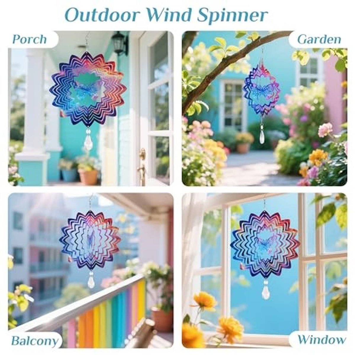 Multicolor 3D butterfly wind spinner hanging by swivel hook with clear teardrop pendant
