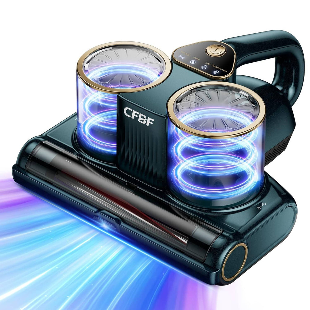 Dark cyan mattress vacuum cleaner with twin round UV lamps and heated brush head