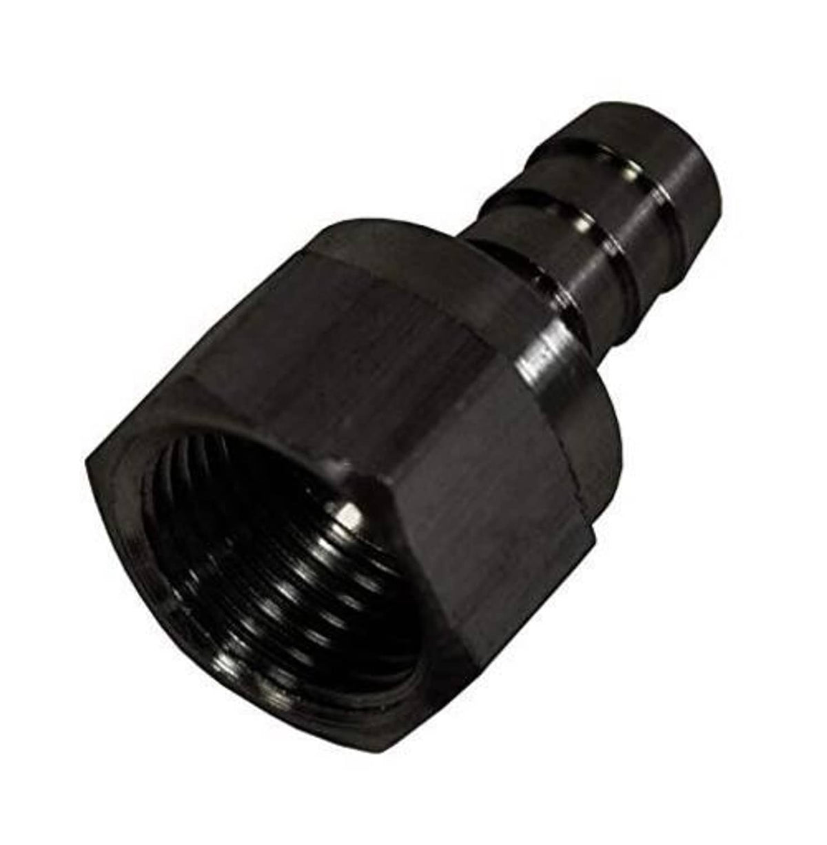 Derale AN swivel hose barb fitting, black with barbed connector and female threads