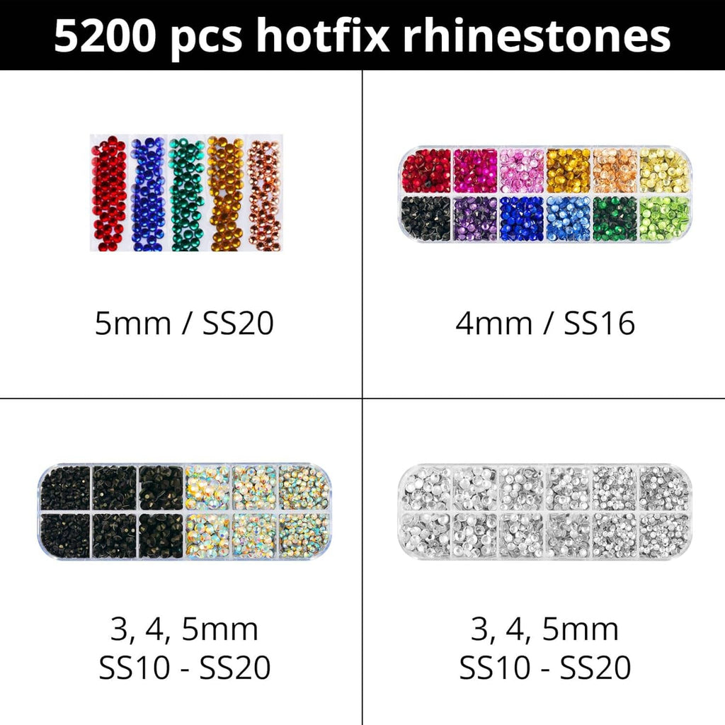 Hot-fix rhinestone size chart showing 5mm SS20, 4mm SS16, and mixed color samples