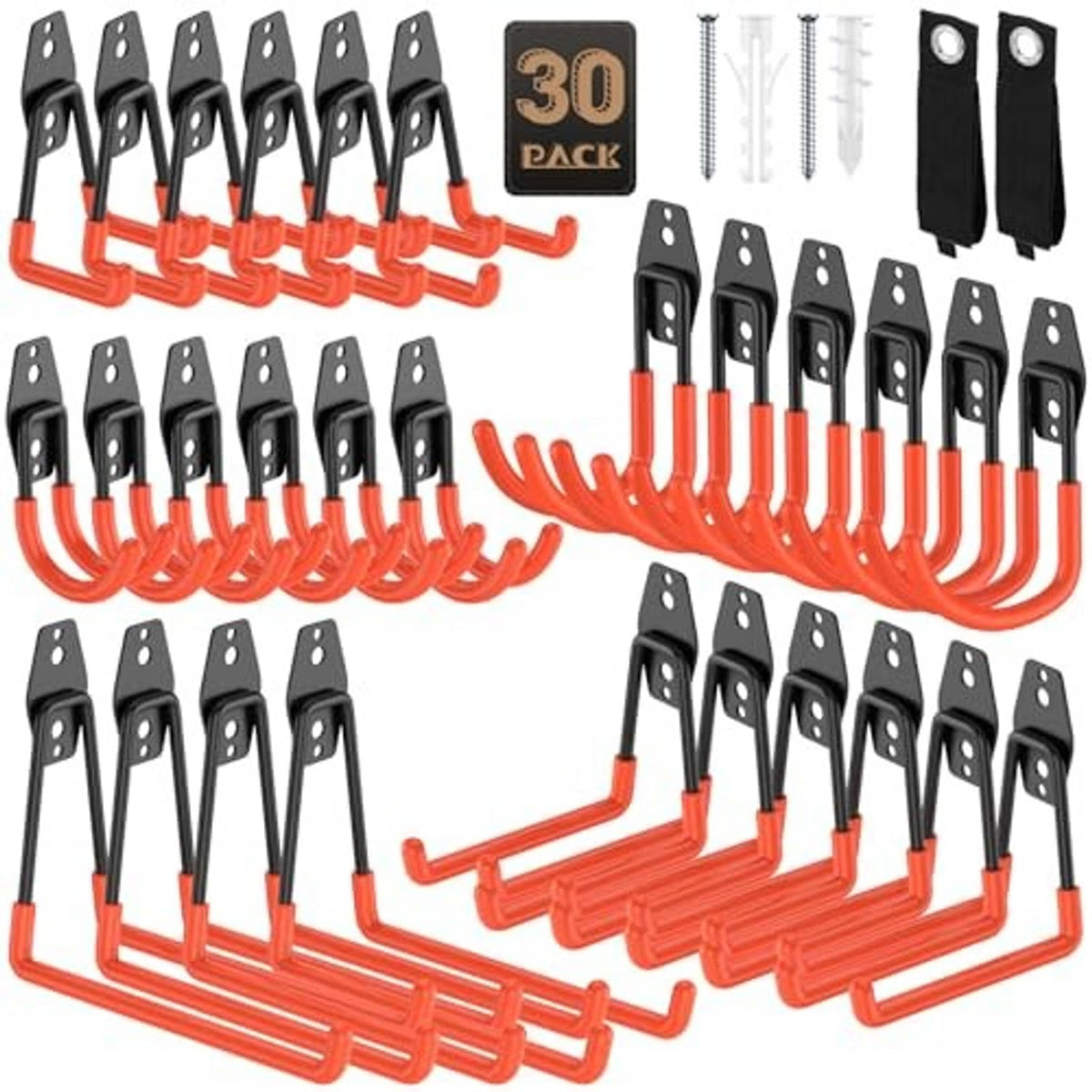 30-pack garage hooks set with orange curved hooks, black plates, and mounting hardware