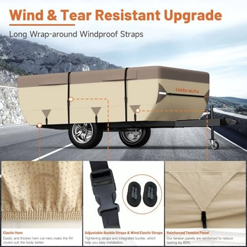 Tan pop up camper cover with wrap-around windproof straps and reinforced tension panel.