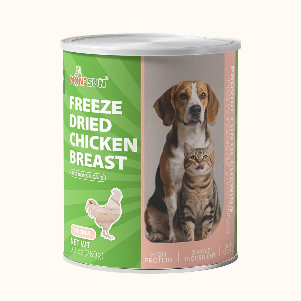 Freeze-dried chicken breast treat can with pet branding