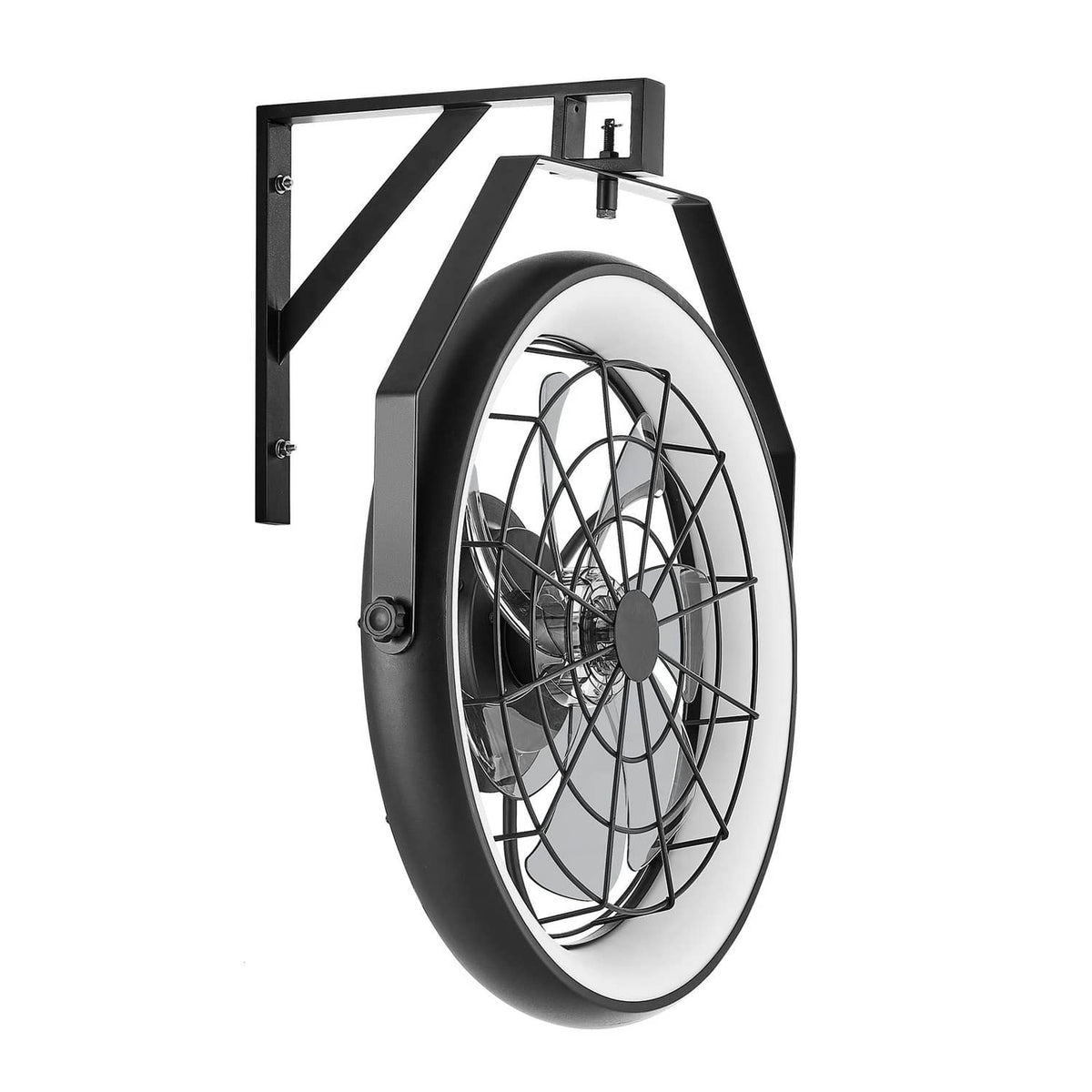 Wall-mounted fan with light, black, circular cage and mounting bracket