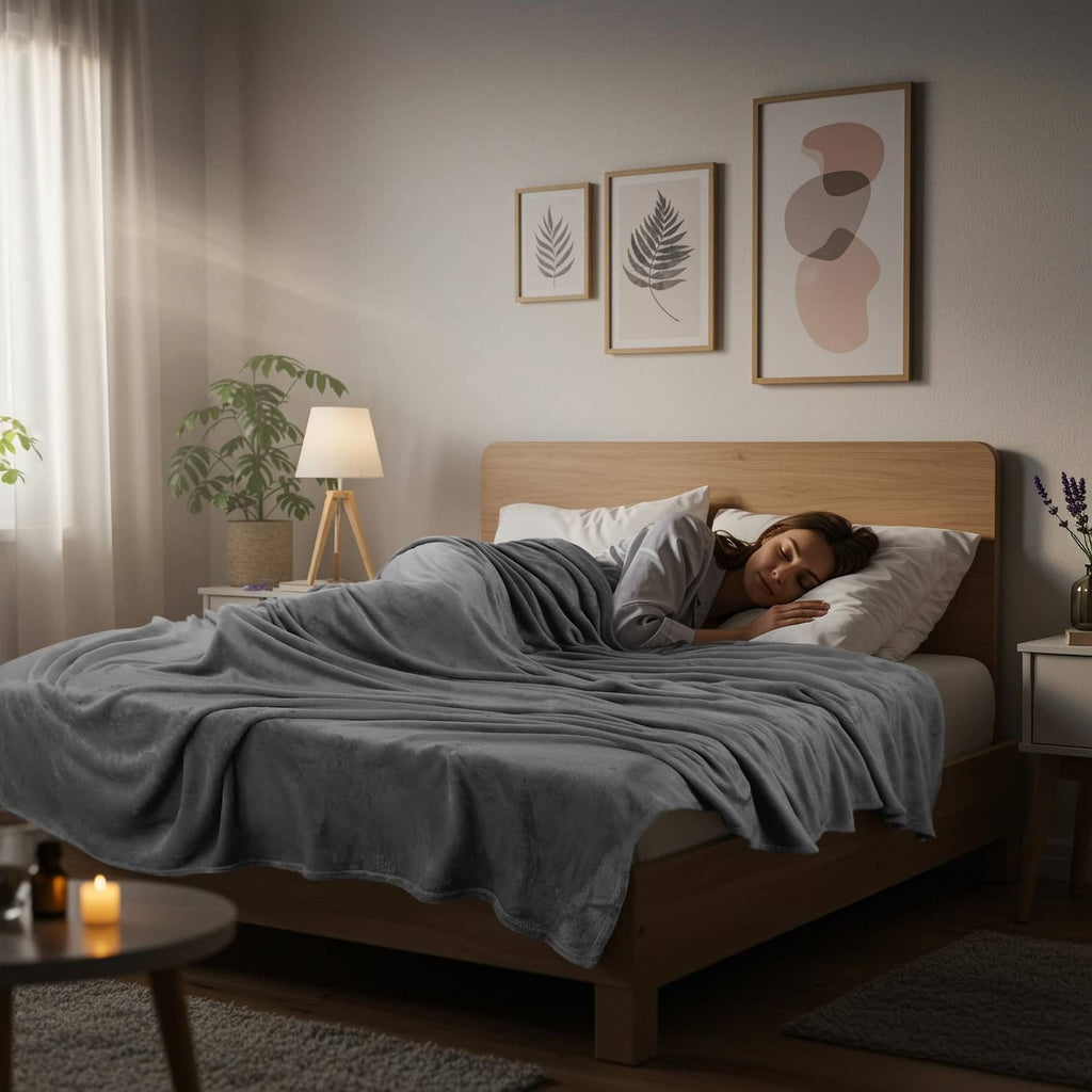 Grey fleece blanket covering a sleeper on a bed in a cozy bedroom setting.
