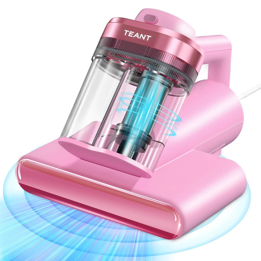 Pink mattress vacuum cleaner with clear dust chamber and roller head attachment