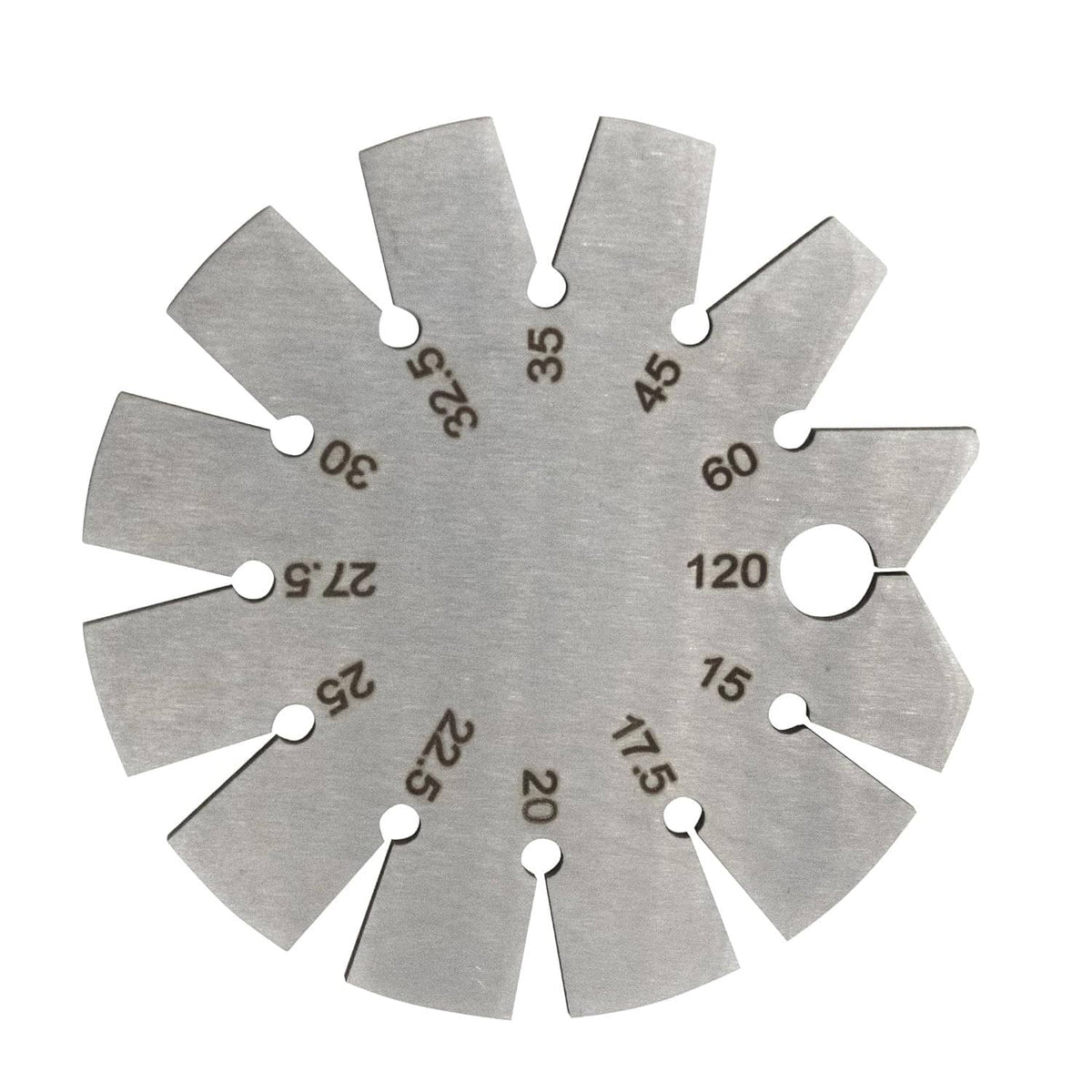 Stainless steel bevel angle gauge wheel with numbered slots for angles up to 120°