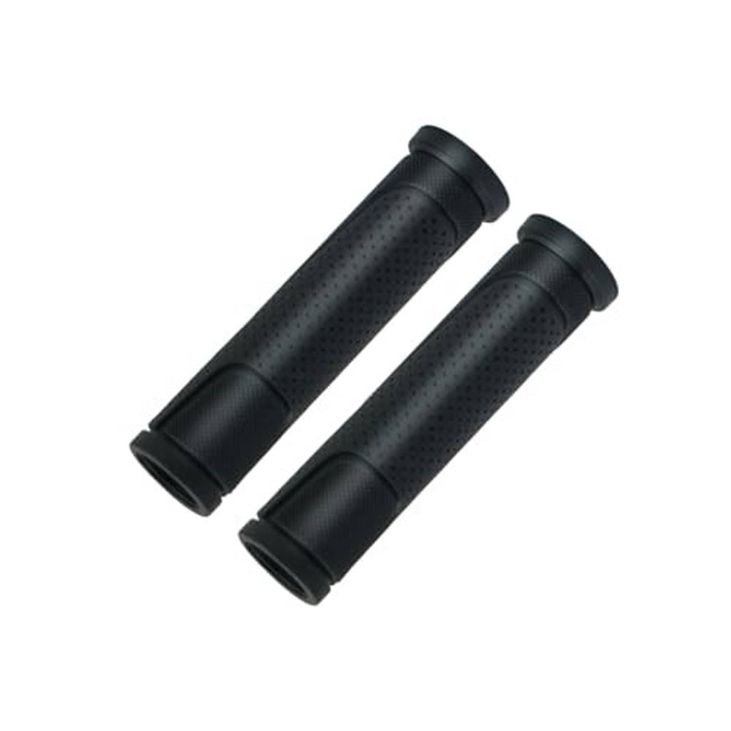 Pair of black rubber bicycle handlebar grips with textured dots and molded end rings