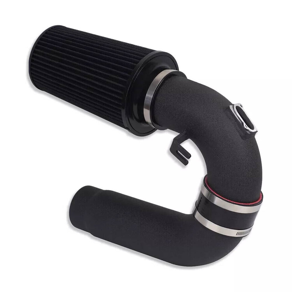 Cold air intake kit components: black ribbed air filter and curved intake hose