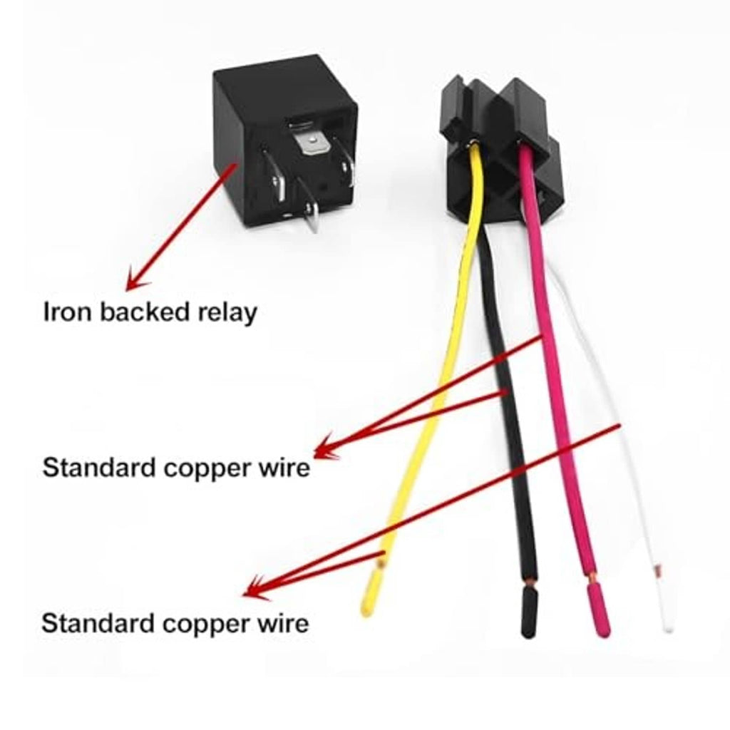 4-pin relay with spade terminals and bundled copper wire leads in red, yellow, and black
