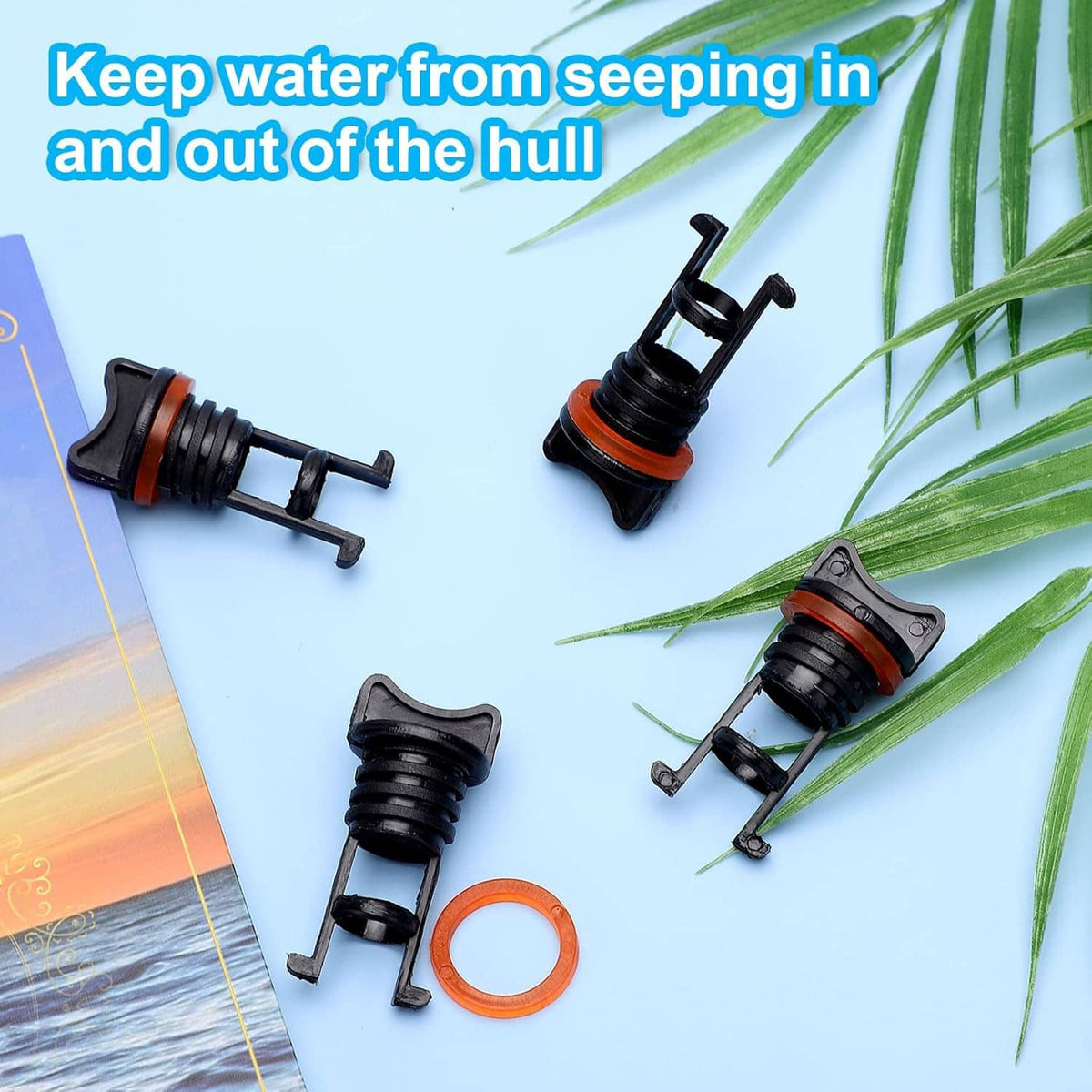 Boat drain plug kit: black nylon stoppers with orange seal rings, clip, and gasket ring