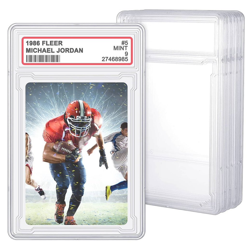 Clear acrylic trading card protector case holding a baseball card with label.