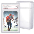 Clear acrylic trading card protector case holding a baseball card with label.