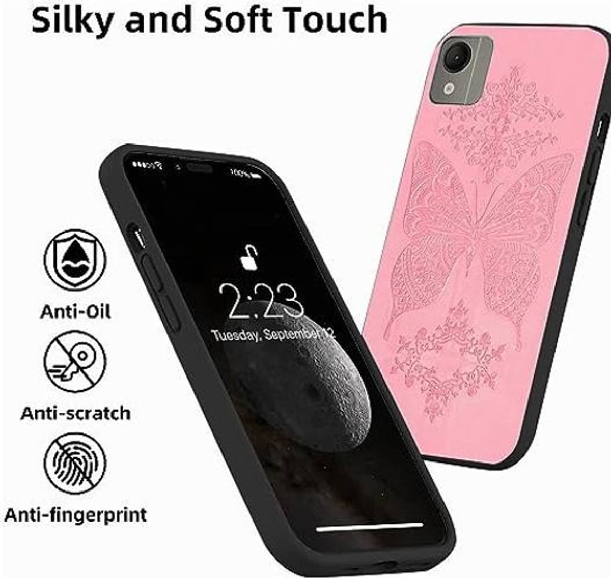 Pink phone case with ornate butterfly pattern with anti-slip soft-touch style