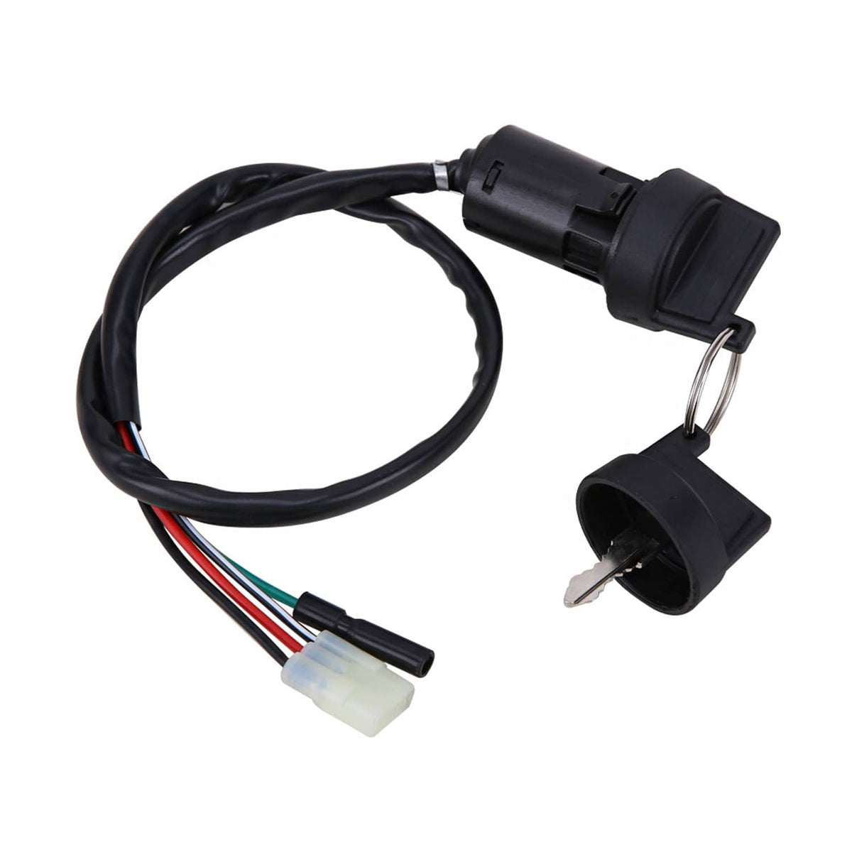 Ignition key switch with key cylinder, black wire harness, and connector leads
